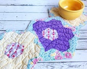 Fabric Quilt Large Coaster Mug Rug Vintage Farmhouse Feedsacks Candle Mat Quilt Blocks Flower Garden Quilt block Trivet