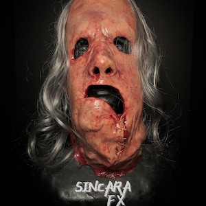 Abuelita With Hair Silicone Horror Mask | Sincara FX | Halloween Cosplay Scary Costume Dark Art Gore Fake Blood Torn Ripped Off Face Grandma