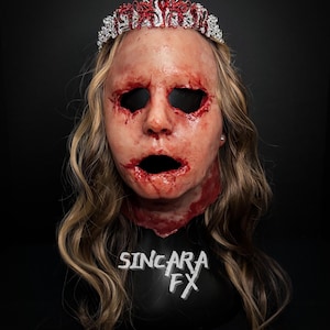 Bambino Female Silicone Horror Mask | Sincara FX | Halloween Cosplay Creepy Scary Costume Gore Fake Blood Prom Queen Carrie Torn Ripped Face