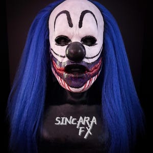 Clown Blue Hair Silicone Horror Mask | Sincara FX | Halloween Cosplay Creepy Scary Costume Dark Art Gore Fake Blood