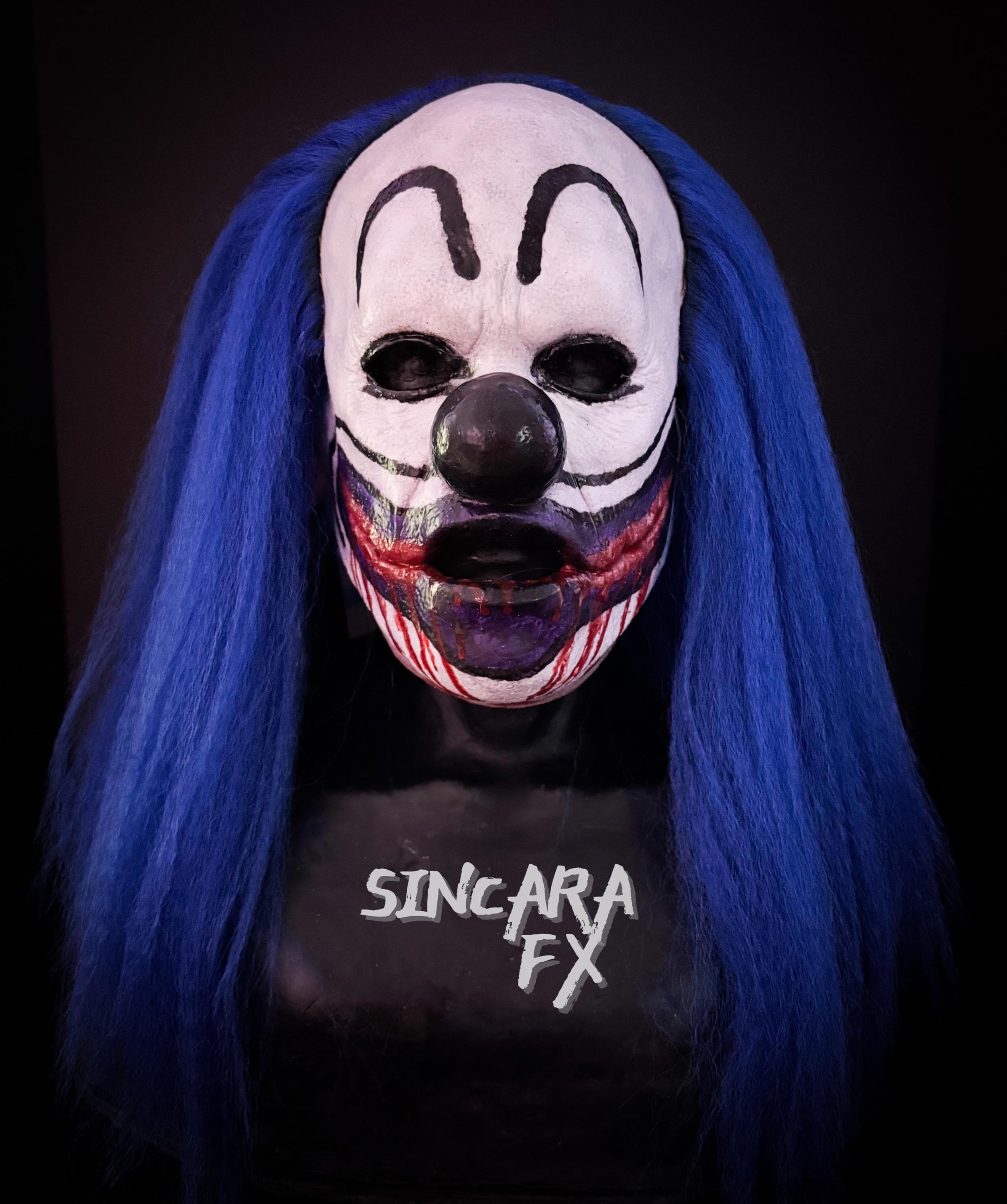 Clown Blue Hair Silicone Horror Mask | Sincara FX | Halloween Cosplay Creepy Scary Costume Dark Art Gore Fake Blood