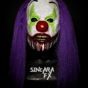 Clown Purple Hair Silicone Horror Mask | Sincara FX | Halloween Cosplay Creepy Scary Costume Dark Art Gore Fake Blood
