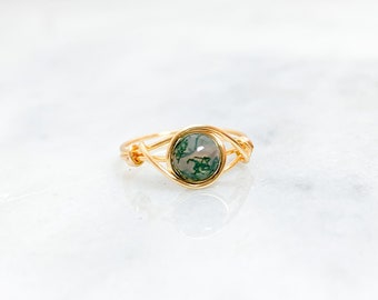 moss agate ring three tiny gemstones ring Moss agate wire wrapped ring wire wrapped crystal rings gold and green ring non tarnish ring