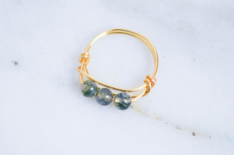 moss agate ring three tiny gemstones ring Moss agate wire wrapped ring wire wrapped crystal rings gold and green ring non tarnish ring