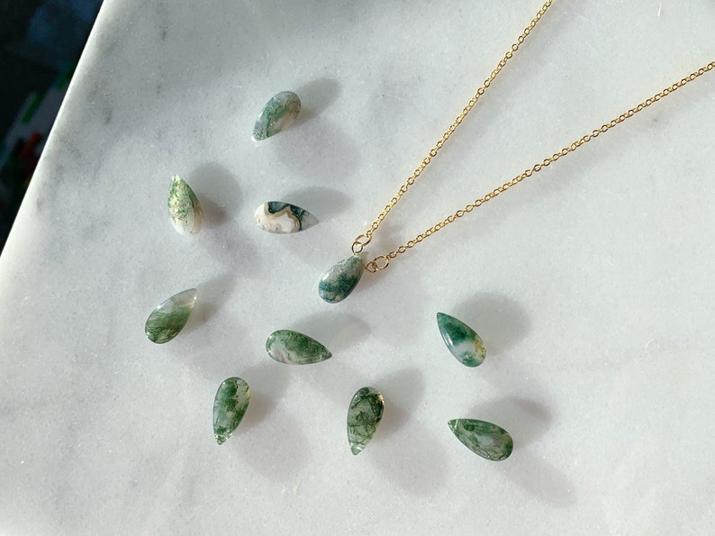 dainty gold necklace moss agate necklace wire wrapped crystal necklace in gold Moss agate teardrop necklace