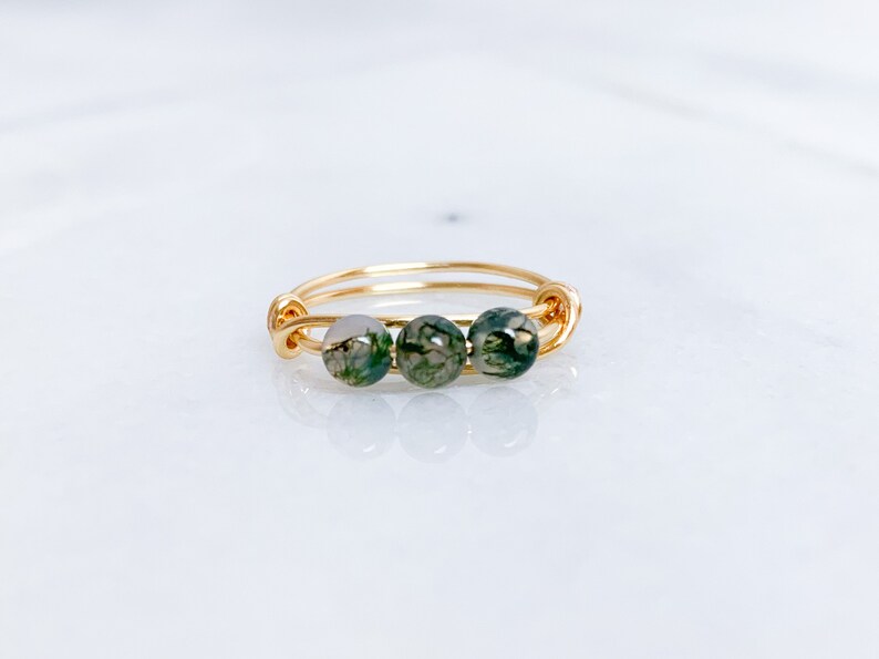moss agate ring three tiny gemstones ring Moss agate wire wrapped ring wire wrapped crystal rings gold and green ring non tarnish ring