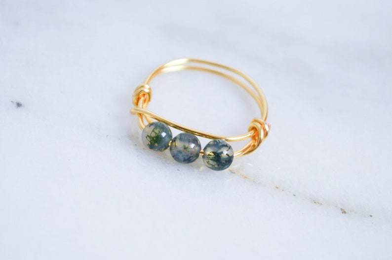 moss agate ring three tiny gemstones ring Moss agate wire wrapped ring wire wrapped crystal rings gold and green ring non tarnish ring
