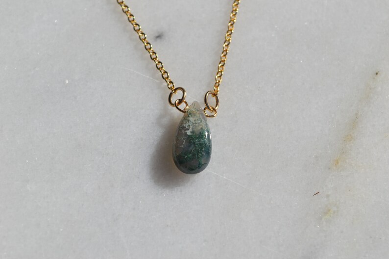 dainty gold necklace moss agate necklace wire wrapped crystal necklace in gold Moss agate teardrop necklace