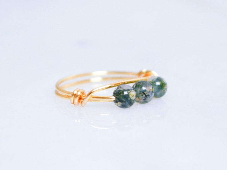 moss agate ring three tiny gemstones ring Moss agate wire wrapped ring wire wrapped crystal rings gold and green ring non tarnish ring