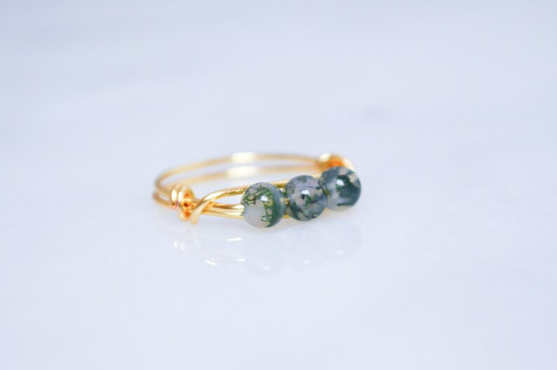 moss agate ring three tiny gemstones ring Moss agate wire wrapped ring wire wrapped crystal rings gold and green ring non tarnish ring