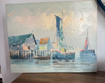 Vintage Coastal Harbor Oil Painting | Textured Seascape Canvas | Sailboat Dock Scene | Impressionist Nautical Wall Art