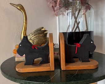 Vintage Wooden Scottie Dog Bookends | Black & Wood Dog Bookends Set | Mid Century Folk Style Decor | Cottagecore Bookends Antique