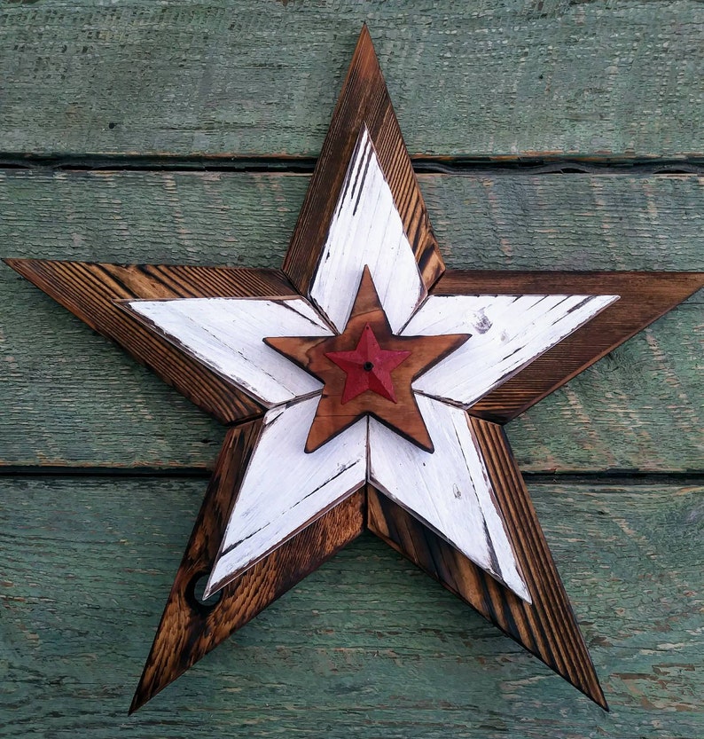 Star Rustic Barn Star Wall Hanging Natural White And Red Etsy