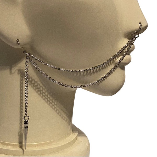 2-Strand Dangle Spike Nose to Ear Chain in Dark Silver, Gold,  Gunmetal, Black or Bright Silver