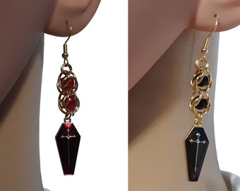 Coffin with Captive Bead Earring in Red or Black - Choose 1 Single Earring or Pair of Earrings