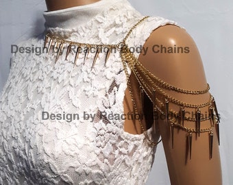 Double 2 Sided Spikes All Around Shoulder Chain Necklace in Gold, Silver or Gunmetal