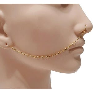 May include: A gold-colored nose chain with a delicate chain design. The chain connects from the ear to the nose ring, creating a unique jewelry piece. The jewelry is shown on a mannequin.