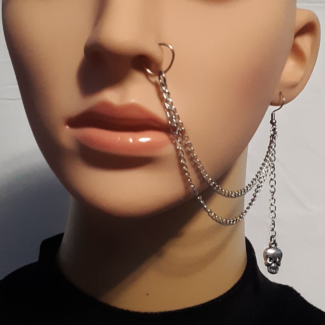 2 strand Dangle Silver Skull Nose to Ear Chain Etsy