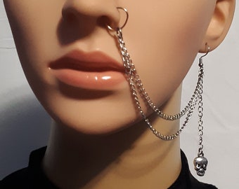 2-Strand Dangle Silver Skull Nose to Ear Chain