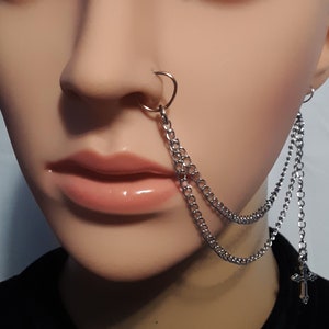 2-Strand Dangle Silver Cross with Steel Curb Chain Nose to Ear Chain