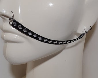 Black Faux Leather Band with Silver Diamond-Shaped Studs Nose to Ear Chain