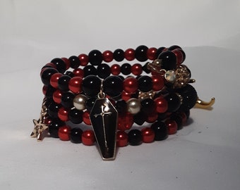 OOAK Vampiric Red Black Gold Memory Wire Wrap Bracelet