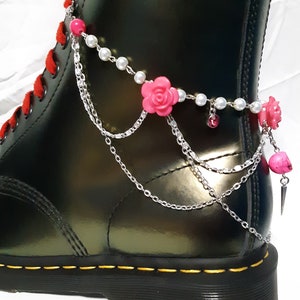 Pink Roses and Skull and Silver Spike with Glass Pearls and Silver Chain Boot Chain