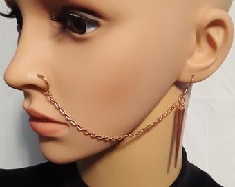 Bright Rose Gold Large Spike with Textured Chain Nose Chain