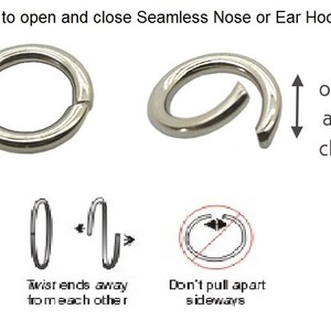K&ouml;nnte beinhalten: Diagramm, das zeigt, wie man nahtlose Nasen- oder Ohrringe &ouml;ffnet und schlie&szlig;t. Das Bild zeigt einen Ring mit Pfeilen, die zeigen, wie man die Enden dreht, um den Ring zu &ouml;ffnen und zu schlie&szlig;en. Es zeigt auch einen Ring mit einer roten Linie, die durch ihn verl&auml;uft, was bedeutet, dass man den Ring nicht seitw&auml;rts auseinanderziehen soll.