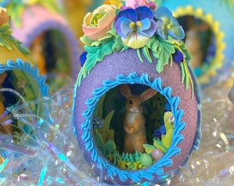 Medium Panoramic Sugar Easter Egg for Easter Basket containing Handmade Sugar Bunny,  Nostalgic gift, Hollow Egg with Scene Inside