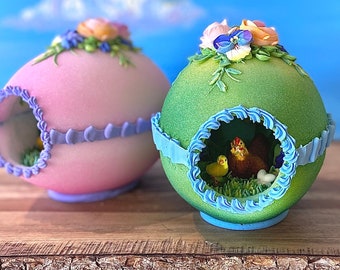 Large Traditional Panoramic Sugar Egg with Handmade Sugar Hen and Chick with Eggs