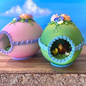 Large Traditional Panoramic Sugar Egg with Handmade Sugar Hen and Chick with Eggs