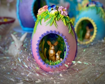 Large Panoramic Sugar Easter Egg for Easter Basket containing Pair of Handmade Sugar Bunnies, Nostalgic gift, Hollow Egg with Scene Inside