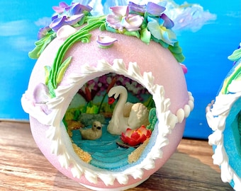 Skylight Sugar Egg with Handmade Sugar Swan and Cygnet, Decorated with Hydrangea