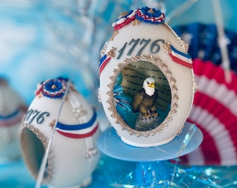Large Panoramic Sugar Egg for Fourth of July featuring Handmade Sugar Bald Eagle and Constitution