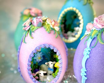 Large Handmade Easter Egg with Sugar Lambs, Panoramic Sugarscape Scene