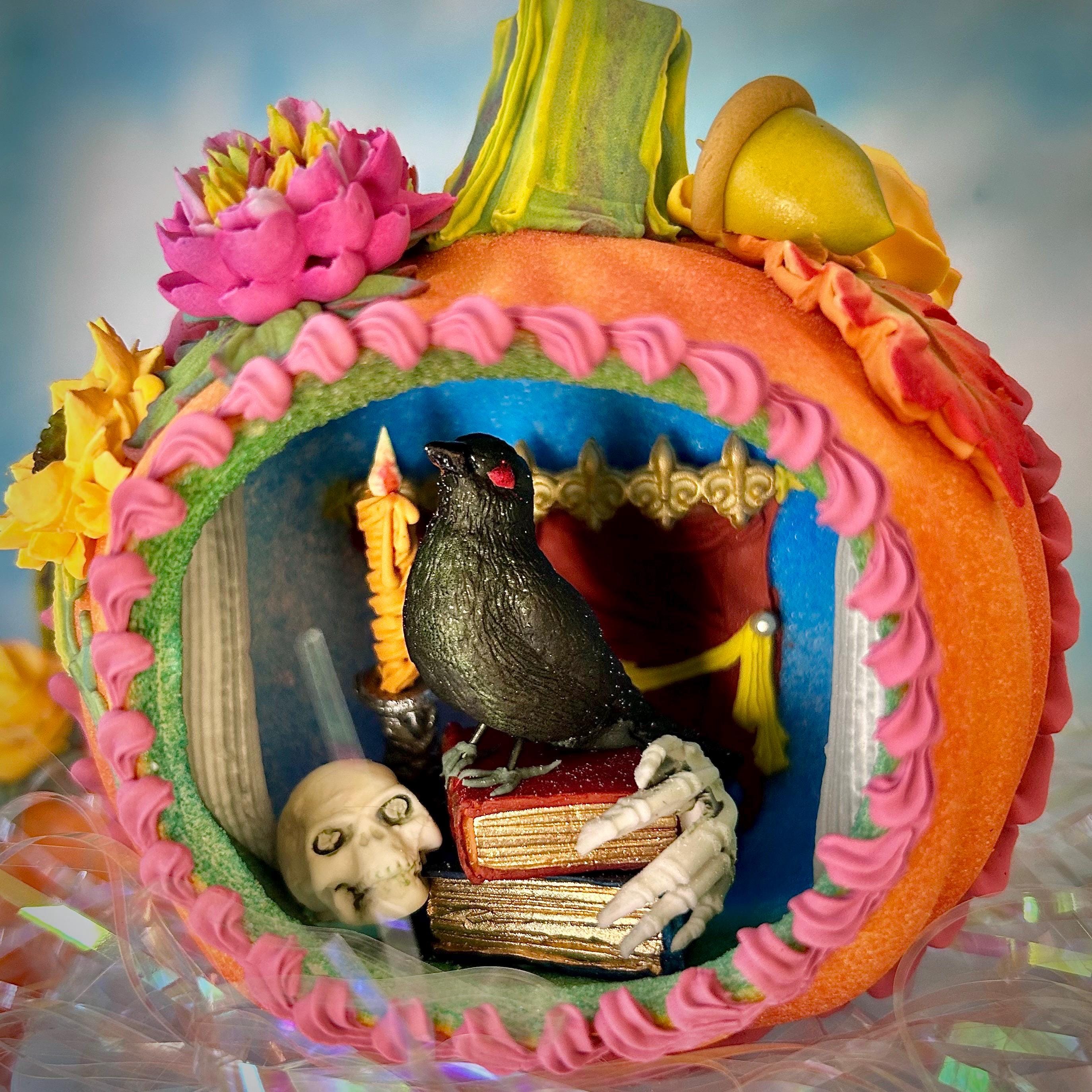 Panoramic Sugar Pumpkin with Handmade Sugar Raven in Haunted House Scene