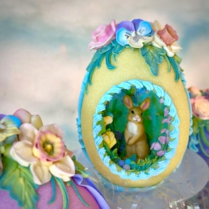 Medium Sugar Easter Egg, Handcrafted Bunny In Garden, Nostalgic Easter Gift
