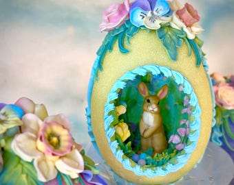 Medium Sugar Easter Egg, Handcrafted Bunny In Garden, Nostalgic Easter Gift