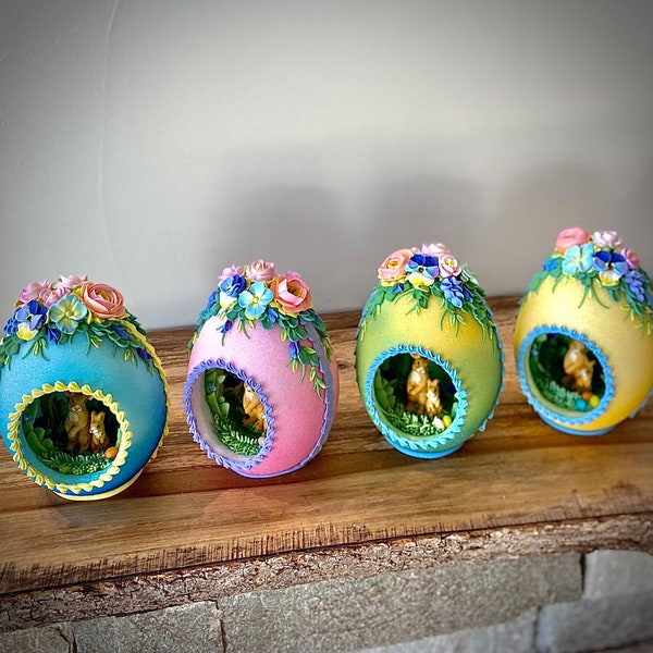 Large Panoramic Sugar Egg with Handmade Sugar Bunnies in Garden Scene, Hollow Easter Egg with Scene Inside