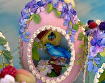 Mother’s Day Sugar Egg with Bluebird and Birdhouse scene, Fruit and Wisteria