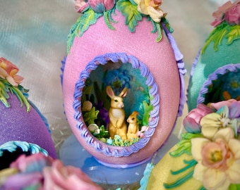 Large Sugar Easter Egg, Handmade Bunnies in Garden, Nostalgic Display