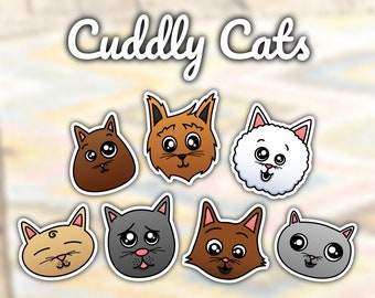 May include: Seven cartoon cat stickers with different expressions and fur colors. The stickers are white with black outlines and are arranged in a semi-circle. The text "Cuddly Cats" is at the top of the image. The text "Scout sticker company" is at the bottom of the image.