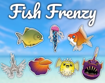 Fish frenzy sticker pack, white glossy vinyl fish sticker pack, vinyl fish stickers