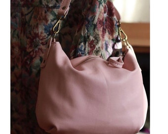 Soft lamb Leather bag, blush pink Italian lamb leather Borla, small hobo bag