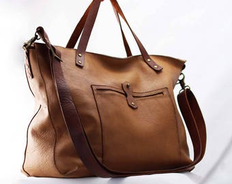 Patina tan genuine cowhide leather bag, tan leather tote bag Tiberis