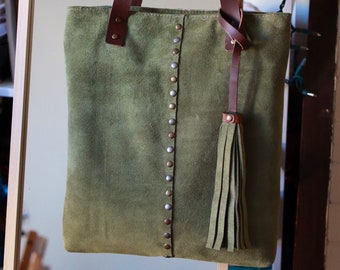 Olive green suede leather tote bag for women,  leather  shopper tote bag, handmade tote with shoulder strap suede bag Francesca