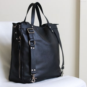 Black leather backpack, convertible backpack crossbody tote Phoenix, unisex full grain leather bag