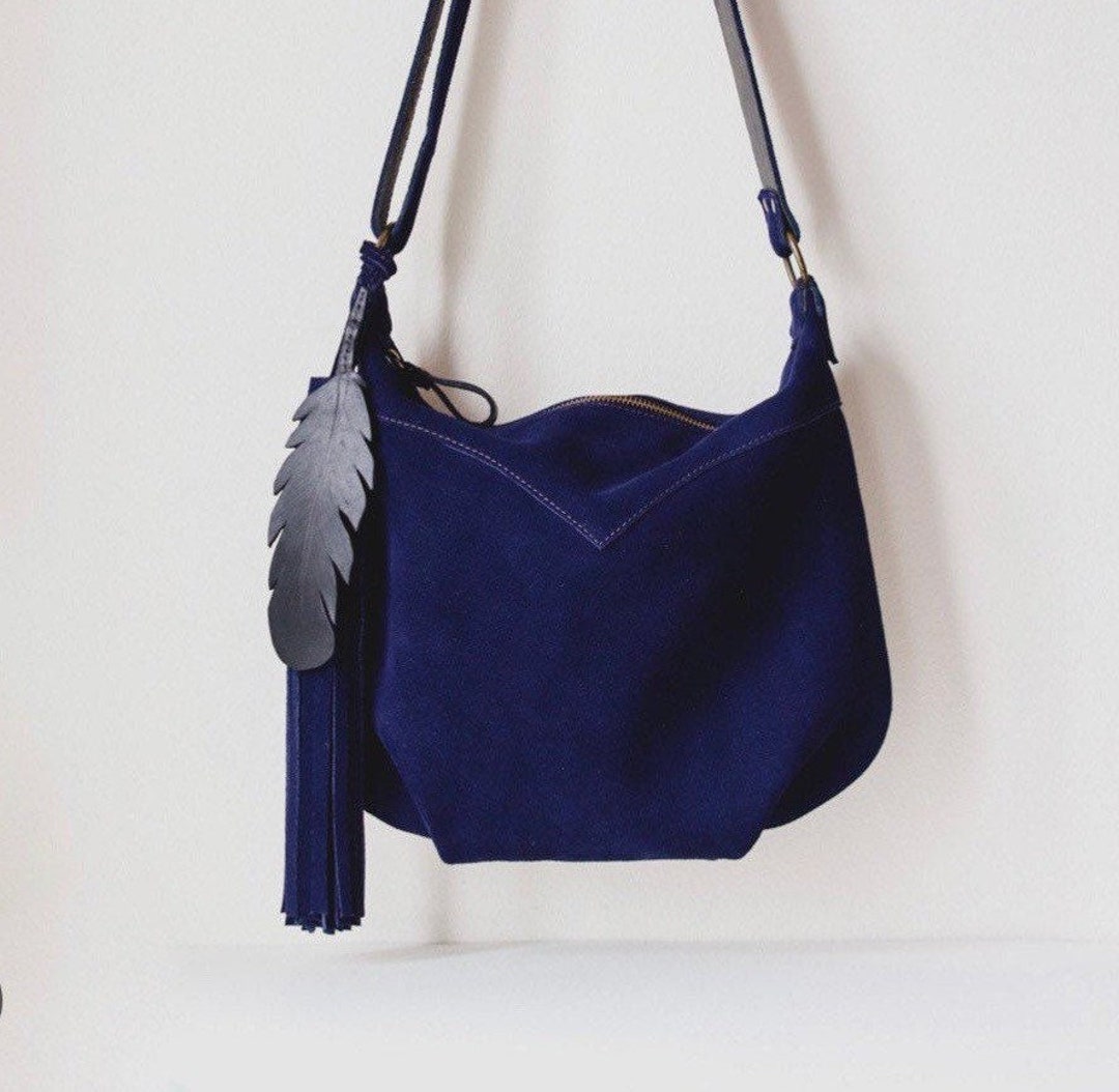 Midnight Blue Bag, Medium Size Hobo Bag, Suede Leather Crossbody Bag