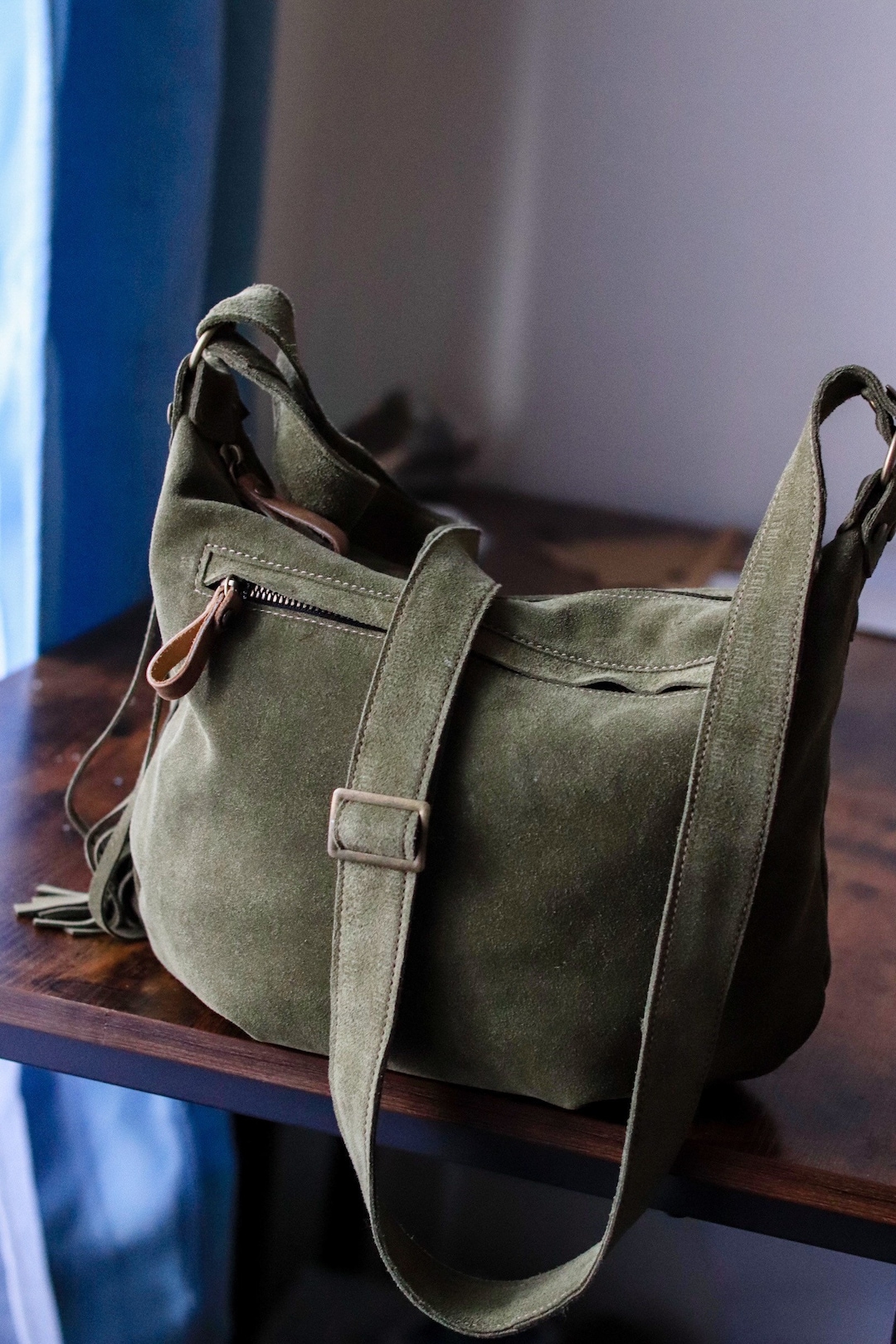 Leather Bag Crossbody, Olive Moss Bag, Medium Size Hobo Bag, Suede
